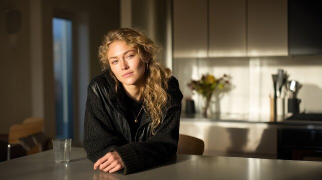 Contemplative Woman Sitting at Kitchen Table in Warm Dramatic Light