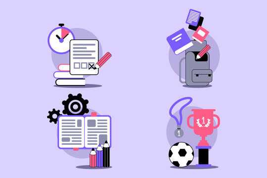 Collection of educational tools and achievements with various items such as books, stationery, backpack, and award. Academic success and learning concept - Powered by Adobe