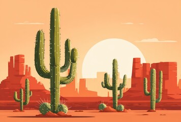 Illustration desert landscape with tall cacti, red rock formations, setting sun, creating a warm, arid, tranquil, desert scenery