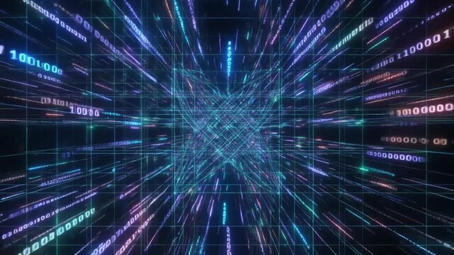 Abstract digital tunnel with binary code and glowing lines.