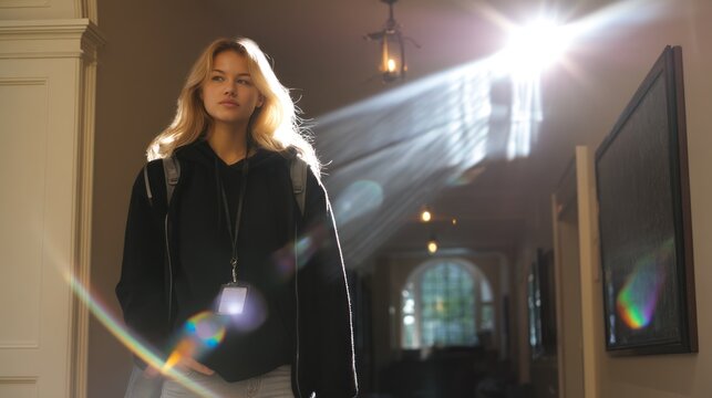 Silhouette of Woman in Dark Coat Walking Through Sunlit Hallway