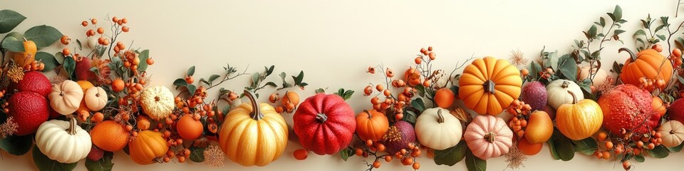 Autumn harvest display featuring colorful pumpkins and berries on a light surface