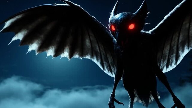 A mysterious, eerie Mothman with glowing eyes soars silently through the dark night sky, its large shadowy wings cutting through the foggy moonlight, creating a chilling, supernatural atmosphere