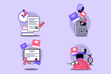 Colorful collection of various education-related items including books, backpack, study papers, clock, and academic tools. Essentials of learning concept