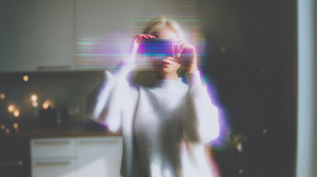 Young Woman Using Smartphone in Modern Kitchen With Vintage Effect