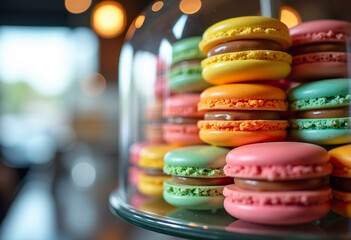 Stack of colorful macarons in a glass display case, reflective surface, bokeh background, delicious and tempting, high key lighting