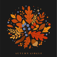 Autumnal Circle Arrangement with Leaves Berries and Acorn
