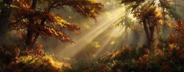 Golden sunlight streams through an autumn forest. Foliage is a mix of warm hues, creating a mystical atmosphere. Rays illuminate the woodland floor