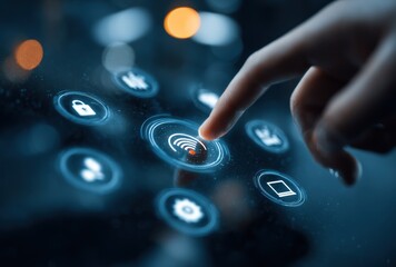 Finger taps a digital screen displaying glowing icons, representing connectivity, security, and smart devices, bathed in soft focus and cool blue tones