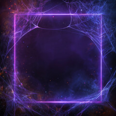 Halloween Neon Frame with Spider Webs on Dark Background