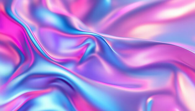 Shiny Retro Glitch: Pink Hologram Gradient On Metallic Paper Vintage Cover. Abstract Blue Blur Design For Holographic Futuristic Brochure.