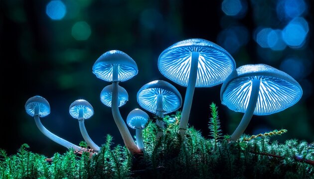Bioluminescent Mycena Chlorophos Mushrooms Glowing Forest Floor Damp Tropical Jungle Background Soft Green Blue Illumination Detailed Night Nature Setting