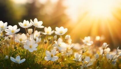 Beautiful Vintage Background With Soft Golden Light Illuminating Delicate White Flowers In Serene Natural Setting