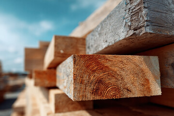 Stack of Lumber Beams with Visible Wood Grain Underneath Bright Sky