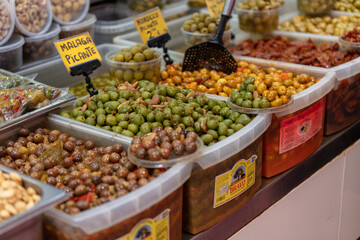 Atarazanas market, Malaga, Andalusia, Spain, 4 September 2025 olives for sale at market stall