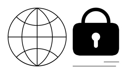 Globe with grid lines paired with a secure lock, highlighting cyber protection. Ideal for internet, cybersecurity, privacy, global communication, networking, web access digital safety. Simple flat