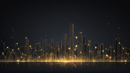 Twilight in the Smart digital Innovation city with connection network reciprocity over the cityscape. of future smart wireless digital city and social media networking systems that connects people