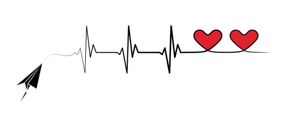 Abstract paper plane origami airplane, ekg shape route, two red hearts vector. Creative medical science concept design to use for cardiology, healthcare business, love concept projects.