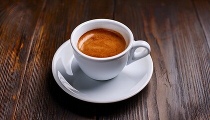 Obraz premium Aromatic Espresso Coffee In White Cup And Saucer On Dark Wood Table