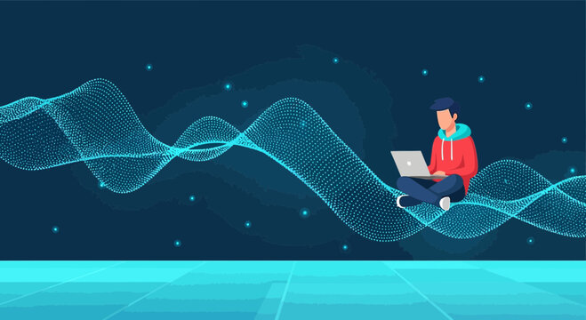 Person working on laptop with abstract digital wave, technology and innovation concept