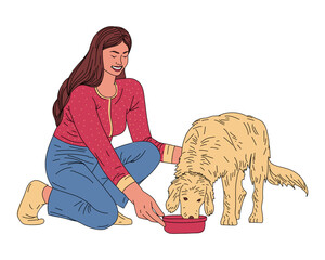 Young woman crouching down next to  dog and feeding the dog from  bowl. Smiling woman feeding  white labrador. Happy owner and pet. Pet care. Isolated illustration on  white background. Hand drawn 