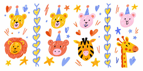 Cute hand drawn animal faces with party hats and festive decorations for kids birthday celebration