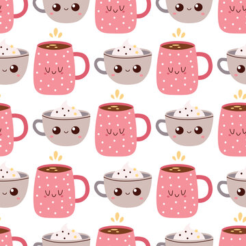 Cute Coffee cups seamless pattern. Hand Drawn pink and gray mugs in kawaii style. Ceramic mugs with whipped cream and Coffee on white background. Vector illustration.