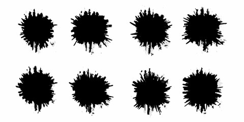 Eight black ink splatters and splashes with rough edges on a white background