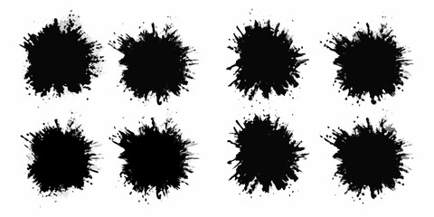 Eight black ink splatter brush strokes with grunge textured edges on a white background
