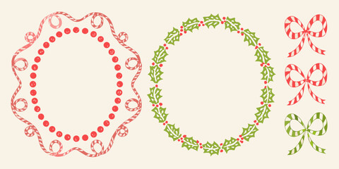 Festive christmas decorative elements featuring candy cane borders holly wreaths and candy cane bows
