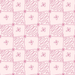 Seamless pink checkered pattern decorated with flowers and abstract doodles.
