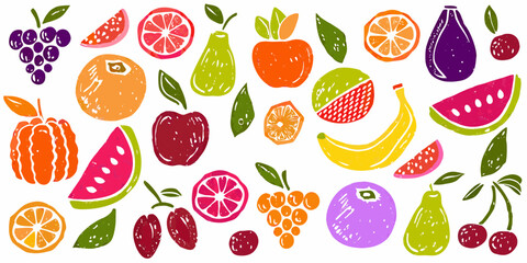Vibrant hand drawn fruit collection with various colorful fruits on a white background