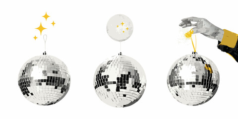 Three sparkling disco balls are displayed against a white background with a hand holding one of them