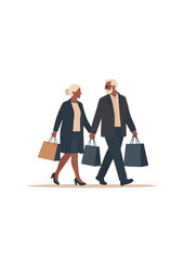 Flat vector silhouette of elderly couple walking with shopping bags