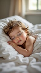 Sleeping baby with red cheeks resting peacefully on white bed. Concept of tranquility, innocence, and comfort centered around sleeping baby with red cheeks. 