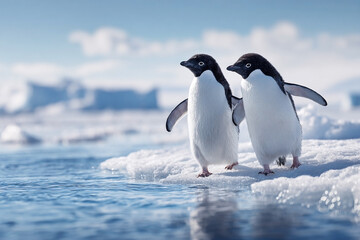 Obraz premium Adelie penguins exploring the serene icy landscape of Antarctica together