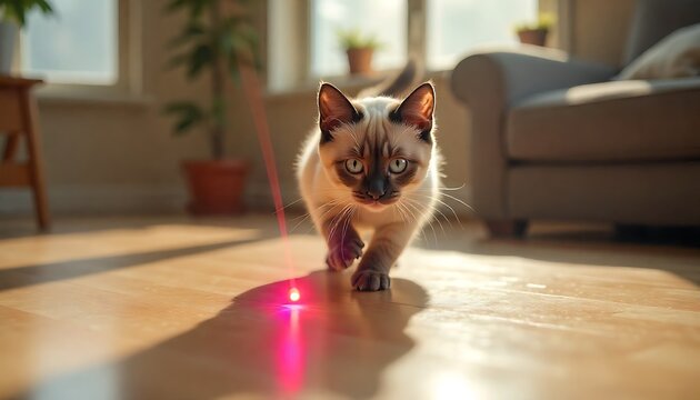 Beautiful Siamese Cat Playing with a Laser Pointer Indoors At Home