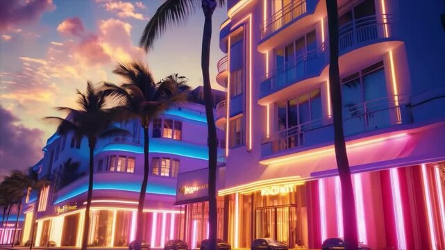An evening city with neon lights and palm trees creating an atmosphere of comfort and luxury. Suitable for advertising vacations, tourist brochures, articles about city life, as well as interior desig