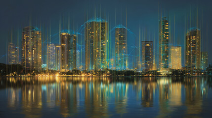 Fototapeta premium Twilight in the Smart digital Innovation city with connection network reciprocity over the cityscape. of future smart wireless digital city and social media networking systems that connects people