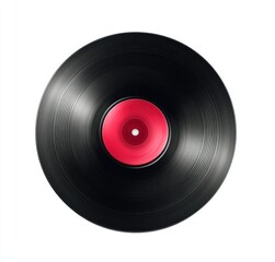 Fototapeta premium Top-down view of a black vinyl record with a red center label on a white background, capturing texture and the classic music format