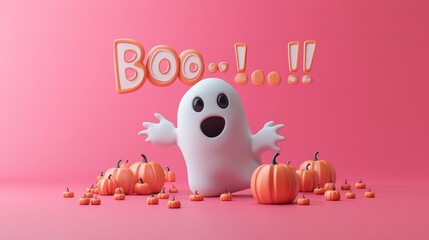 Cute halloween ghost with pumpkins and boo text on a pink background for the holiday
