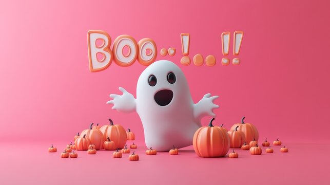 Cute halloween ghost with pumpkins and boo text on a pink background for the holiday