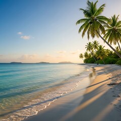 Fototapeta premium Tropical Beach Scene with Palm Trees and Calm Ocean Water at Sunset