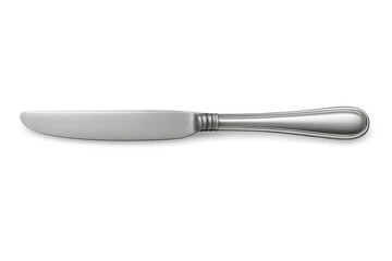 Shiny silver butter knife lying horizontally on transparent background