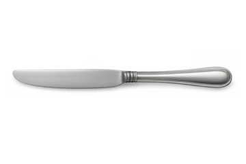 Shiny silver butter knife lying horizontally on transparent background