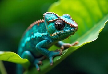 Fototapeta premium Detailed Close-up of a Vibrant Chameleon Resting on Lush Green Leaf