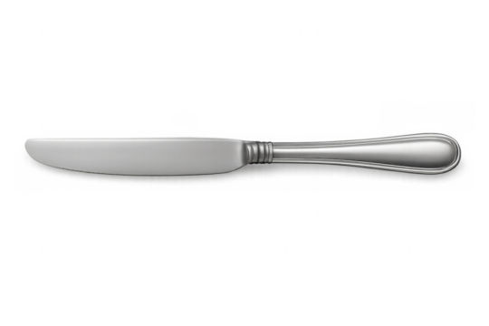 Shiny silver butter knife lying horizontally on transparent background
