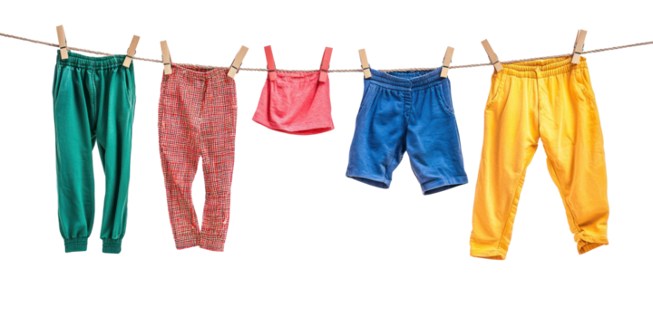 Children's colorful clothing hanging on a clothesline.