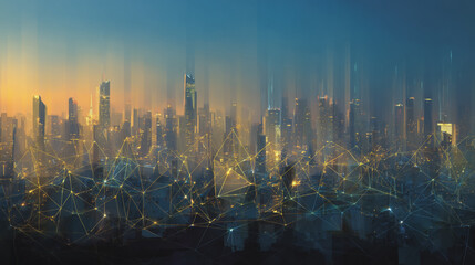 Fototapeta premium Twilight in the Smart digital Innovation city with connection network reciprocity over the cityscape. of future smart wireless digital city and social media networking systems that connects people