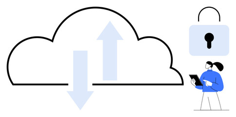 Cloud with arrows, lock for data security, and person using tablet. Ideal for technology, data management, security, cloud storage, networking, IT solutions simple landing page